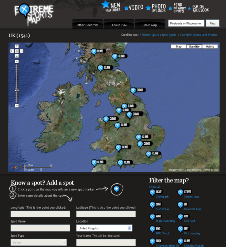 Extreme Sports Map website screenshot