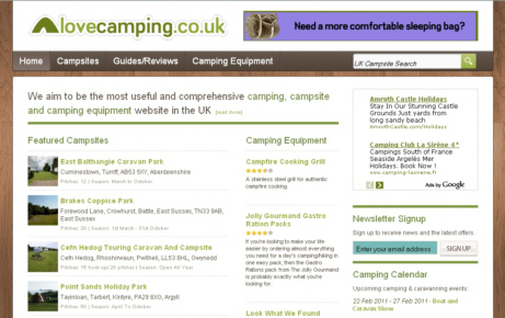 Screenshot of a website called www.lovecamping.co.uk